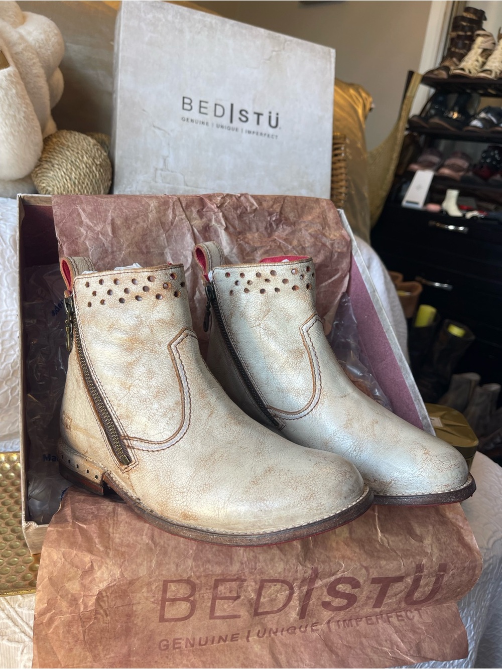 Bed Stu Lotus Bootie in Nectar Lux In a Lived In Distressed Leather Look